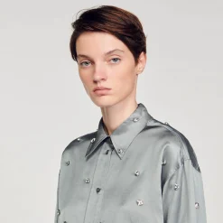 Camicia In Raso Decorata Con Strass
