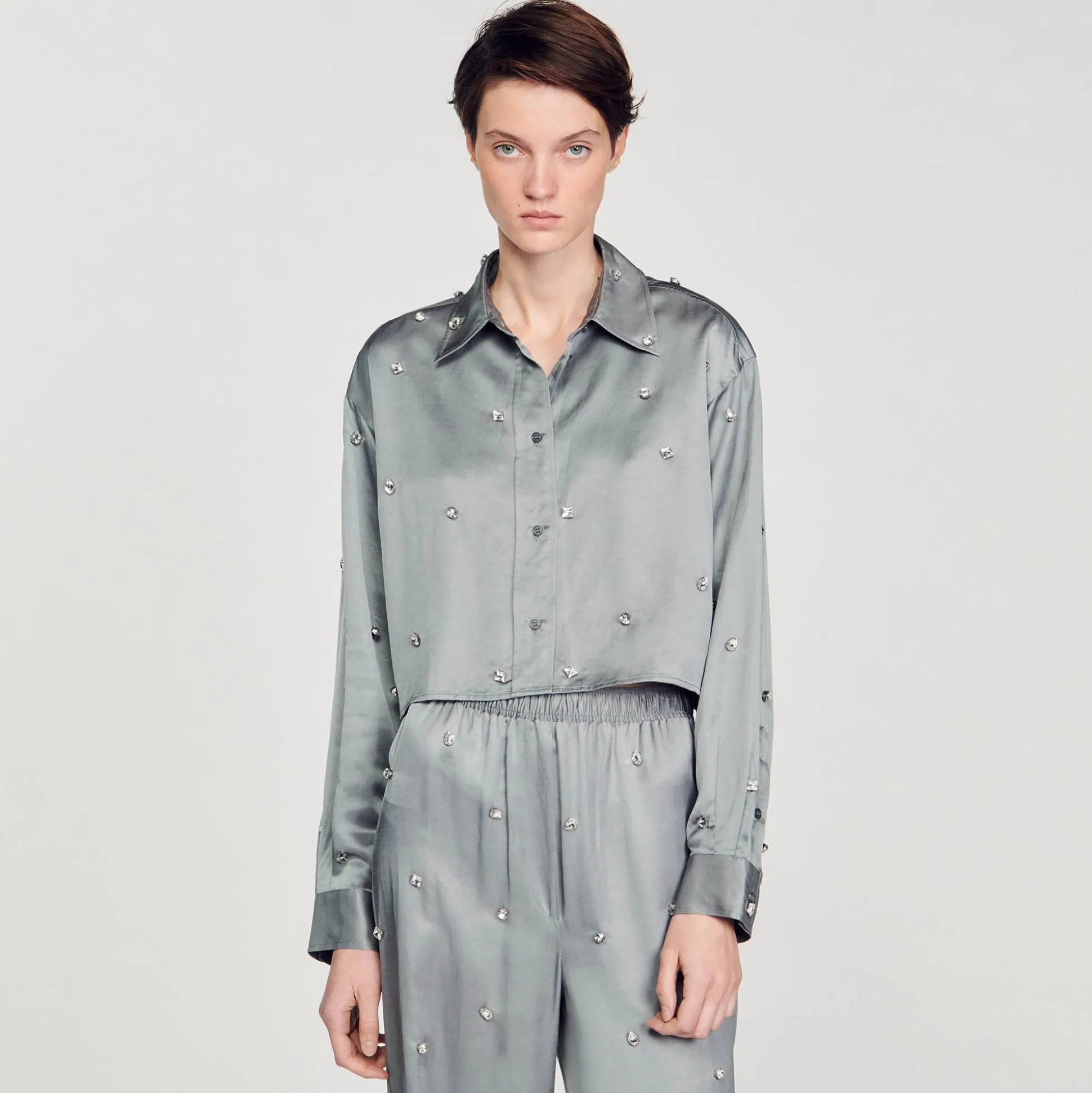 Camicia In Raso Decorata Con Strass