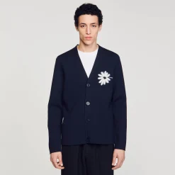 Cardigan In Maglia Con Fiore In Jacquard