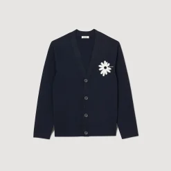 Cardigan In Maglia Con Fiore In Jacquard