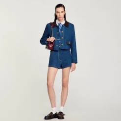 Giacca Di Jeans Con Colletto In Pelle