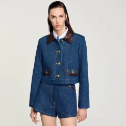 Giacca Di Jeans Con Colletto In Pelle