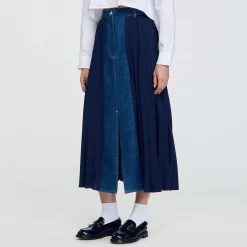 Gonna Bimaterica In Denim E Plissettato