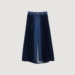 Gonna Bimaterica In Denim E Plissettato