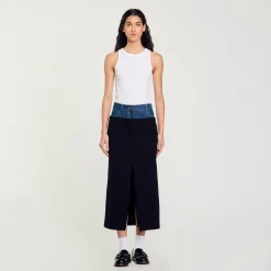 Gonna In Doppio Materiale, Denim E Tweed