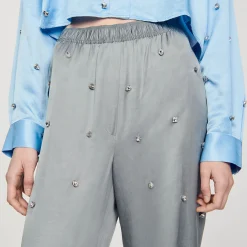 Pantaloni In Lino Decorati Con Strass