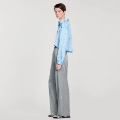 Pantaloni In Lino Decorati Con Strass