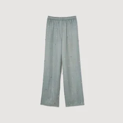 Pantaloni In Lino Decorati Con Strass