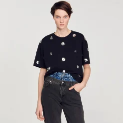 T-shirt Decorata Con Lustrini A Fiori