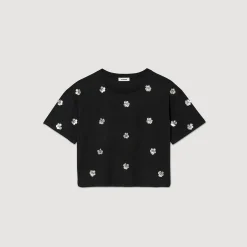 T-shirt Decorata Con Lustrini A Fiori