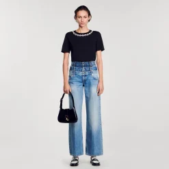 T-shirt In Cotone Bio Con Collo Gioiello