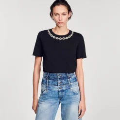 T-shirt In Cotone Bio Con Collo Gioiello